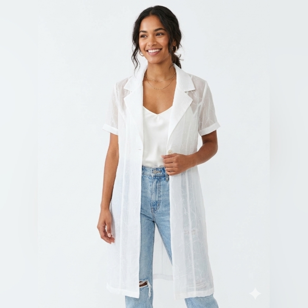 VTG Style Scarlett White Sheer Longline Cardigan Cover Up Size 8 Short Sleeve